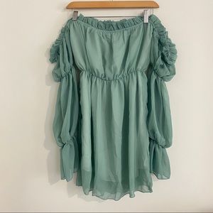 Sage green off the shoulder mini dress